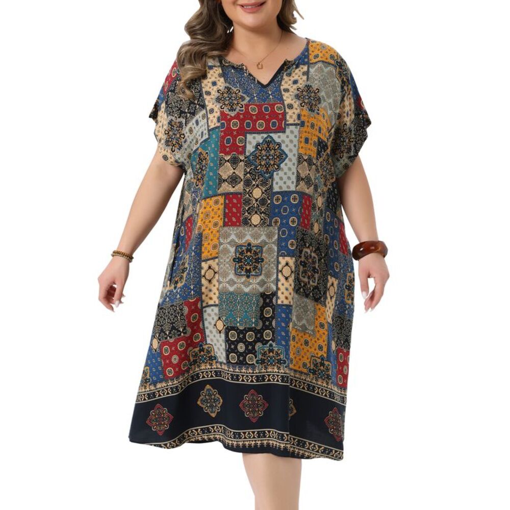 Women Plus Size V Neck Short Sleeve Floral Midi Beach Dress Navy Blue